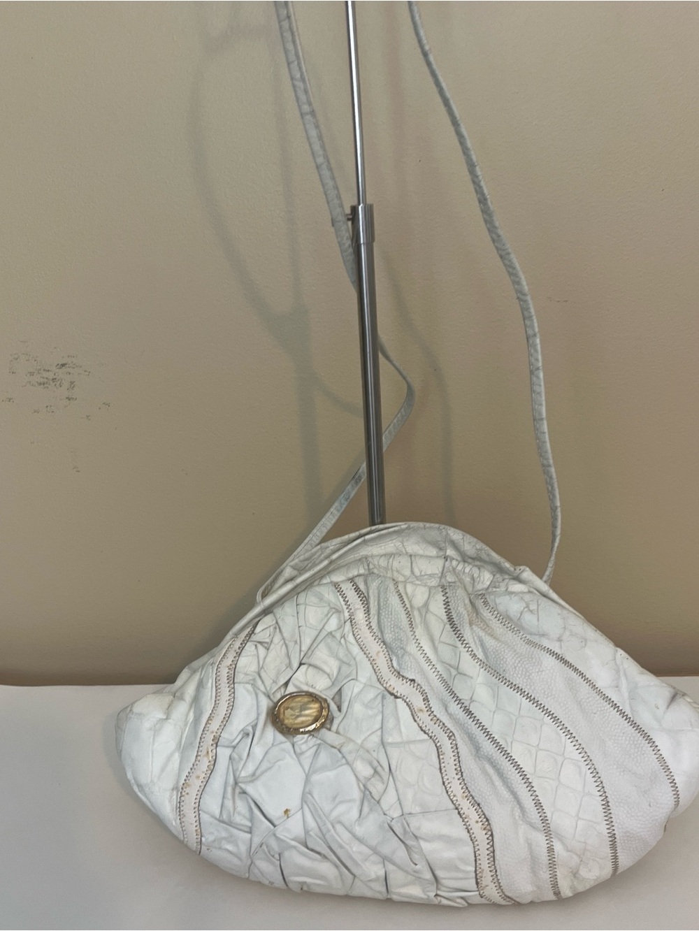 White Leather Shoulder Bag with Gold Accent